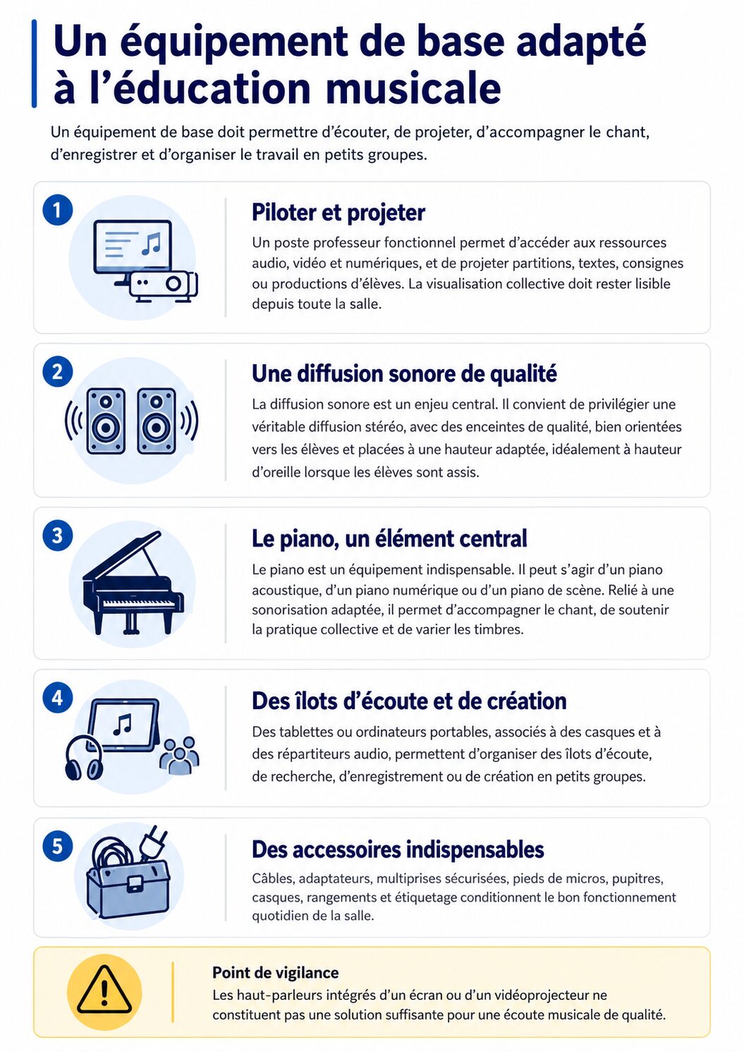 Infographie : un équipement de base adapté à l’éducation musicale
