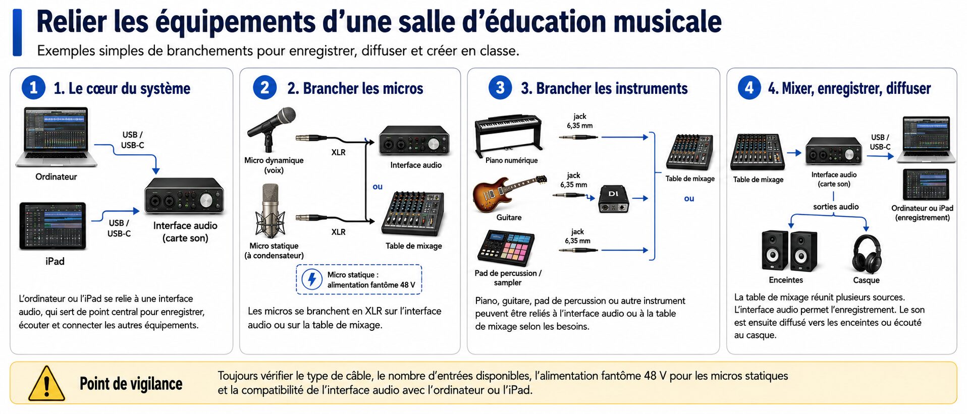 Infographie : relier les équipements d’une salle d’éducation musicale
